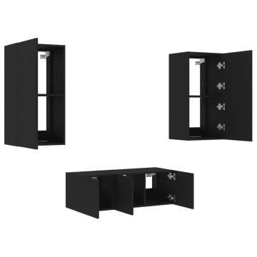 4 Piece TV Wall Units with LED Black Engineered Wood