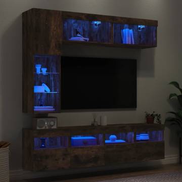 7 Piece TV Wall Cabinet Set with LED Lights Smoked Oak