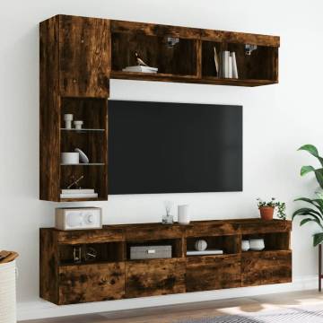 7 Piece TV Wall Cabinet Set with LED Lights Smoked Oak