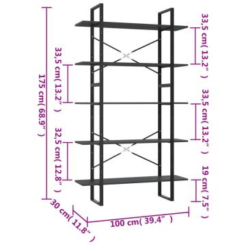 5-Tier Book Cabinet Grey 100x30x175 cm Engineered Wood