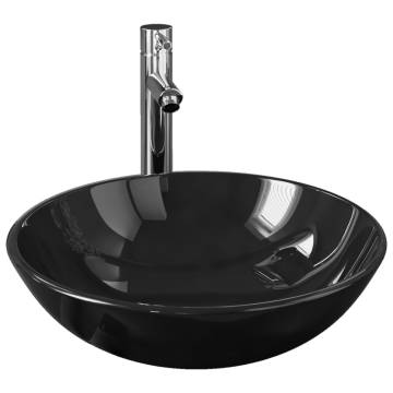 Bathroom Sink with Tap and Push Drain Black Tempered Glass