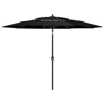 3-Tier Parasol with Aluminium Pole Black 3 m