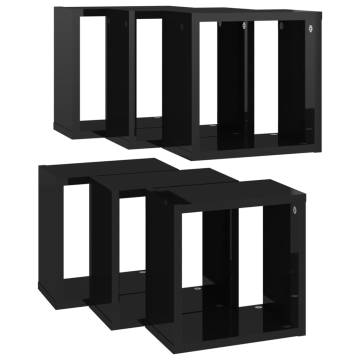 Wall Cube Shelves 6 pcs High Gloss Black 26x15x26 cm