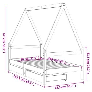 Kids Bed Frame with Drawers White 80x160 cm Solid Wood Pine