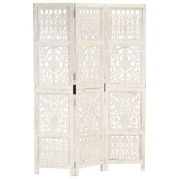 Hand carved 3-Panel Room Divider White 120x165 cm Solid Mango Wood