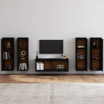 TV Cabinets 5 pcs Black Solid Wood Pine