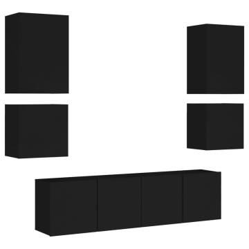 6 Piece TV Wall Units Black Engineered Wood