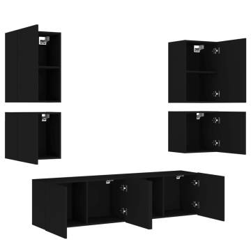 6 Piece TV Wall Units Black Engineered Wood