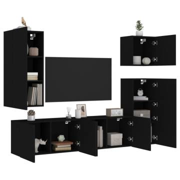 5 Piece TV Wall Units Black Engineered Wood