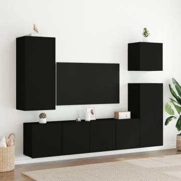 5 Piece TV Wall Units Black Engineered Wood