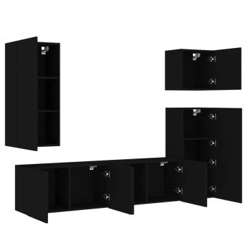 5 Piece TV Wall Units Black Engineered Wood