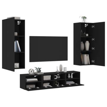 5 Piece TV Wall Units Black Engineered Wood