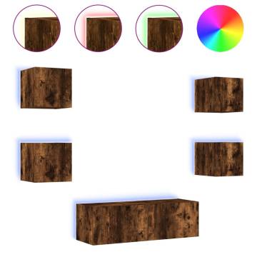 5 Piece TV Wall Cabinets with LED Lights Smoked Oak