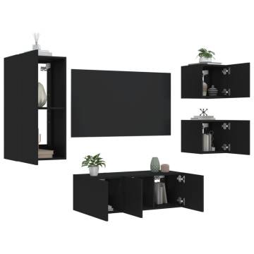 5 Piece TV Wall Units with LED Black Engineered Wood