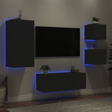 5 Piece TV Wall Units with LED Black Engineered Wood