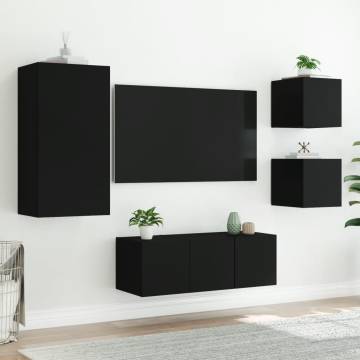 5 Piece TV Wall Units with LED Black Engineered Wood