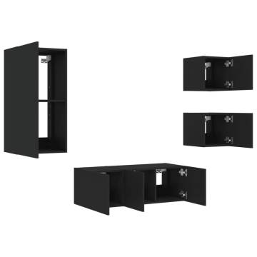 5 Piece TV Wall Units with LED Black Engineered Wood