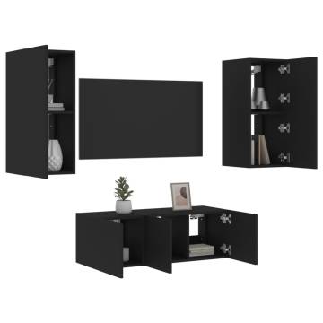 4 Piece TV Wall Units with LED Black Engineered Wood