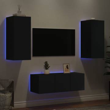 4 Piece TV Wall Units with LED Black Engineered Wood