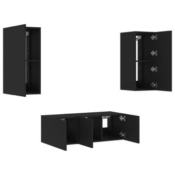 4 Piece TV Wall Units with LED Black Engineered Wood