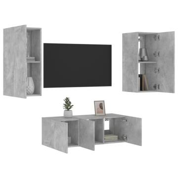 4 Piece TV Wall Units with LED Concrete Grey Engineered Wood