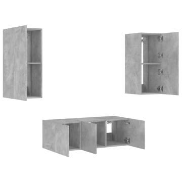 4 Piece TV Wall Units with LED Concrete Grey Engineered Wood