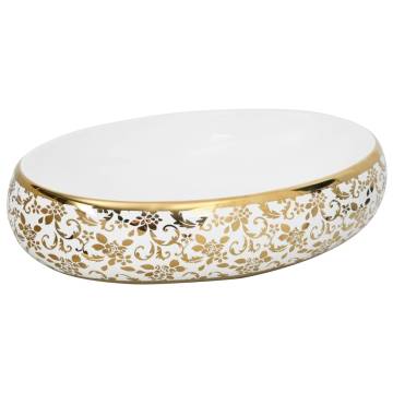 Countertop Basin White and Gold Oval 59x40x15 cm Ceramic