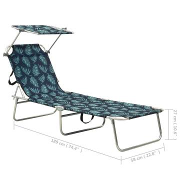 Folding Sun Lounger with Canopy Steel Leaves Print