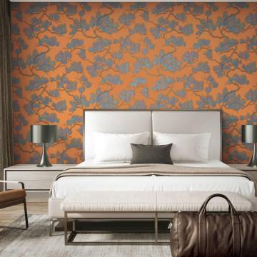 DUTCH WALLCOVERINGS Wallpaper Pine Tree Blue and Orange