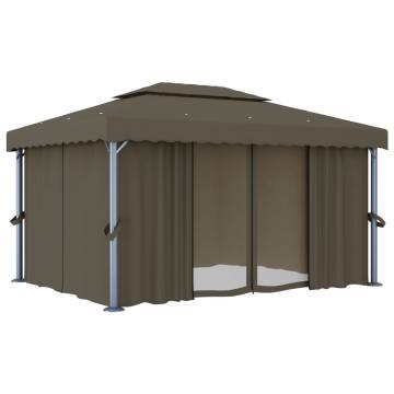 Gazebo with Curtain&LED String Lights 4x3 m Taupe