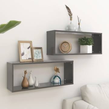 Wall Cube Shelf 2 pcs High Gloss Grey 60x15x23 cm Engineered Wood