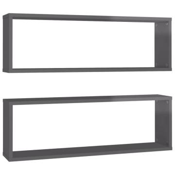 Wall Cube Shelf 2 pcs High Gloss Grey 80x15x26.5 cm Engineered Wood