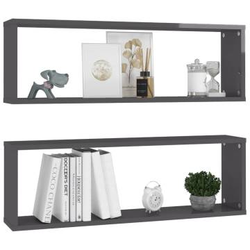 Wall Cube Shelf 2 pcs High Gloss Grey 80x15x26.5 cm Engineered Wood