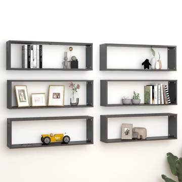 Wall Cube Shelf 6 pcs High Gloss Grey 80x15x26.5 cm Engineered Wood