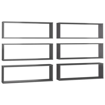 Wall Cube Shelf 6 pcs High Gloss Grey 80x15x26.5 cm Engineered Wood