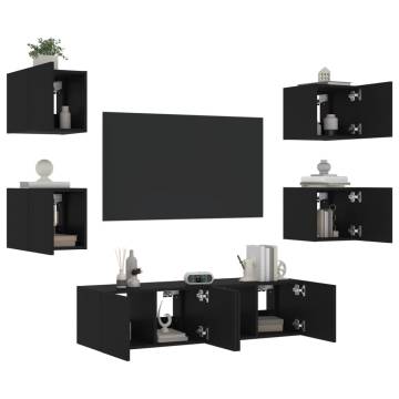 6 Piece TV Wall Units with LED Black Engineered Wood