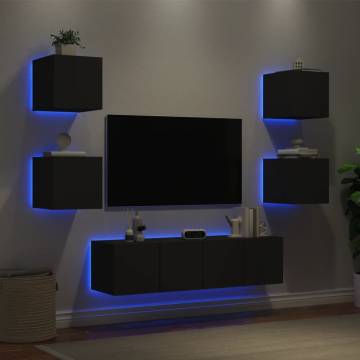 6 Piece TV Wall Units with LED Black Engineered Wood