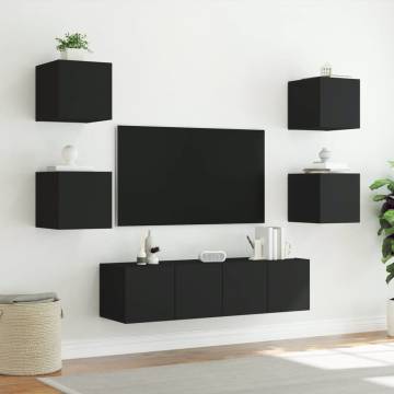 6 Piece TV Wall Units with LED Black Engineered Wood