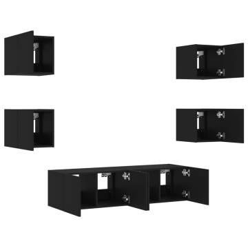 6 Piece TV Wall Units with LED Black Engineered Wood