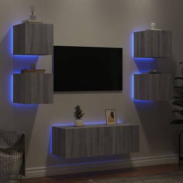 6 Piece TV Wall Units with LED Grey Sonoma Engineered Wood