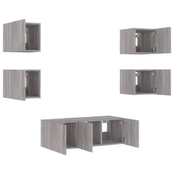 6 Piece TV Wall Units with LED Grey Sonoma Engineered Wood