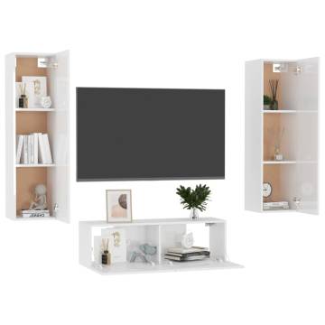 3 Piece TV Cabinet Set High Gloss White Engineered Wood