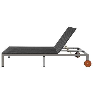 Double Sun Lounger with Wheels Poly Rattan Black