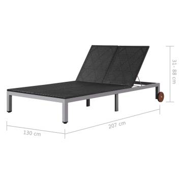 Double Sun Lounger with Wheels Poly Rattan Black