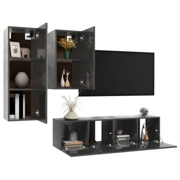 4 Piece TV Cabinet Set High Gloss Grey Engineered Wood