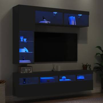 7 Piece TV Wall Cabinet Set with LED Lights Black