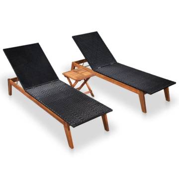  Sun Loungers 2 pcs with Table Poly Rattan and Solid Acacia Wood