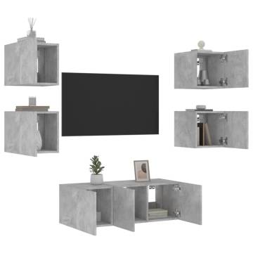 6 Piece TV Wall Units with LED Concrete Grey Engineered Wood