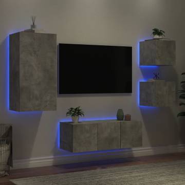 5 Piece TV Wall Units with LED Concrete Grey Engineered Wood