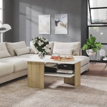  Coffee Table White and Sonoma Oak 90x60x46.5 cm Engineered Wood